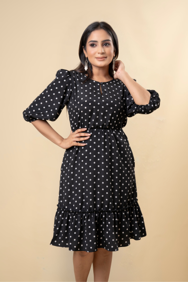 Polka Dot Frilled Hem Short Dress