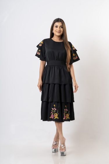 Floral Embroidered Layered Midi Dress