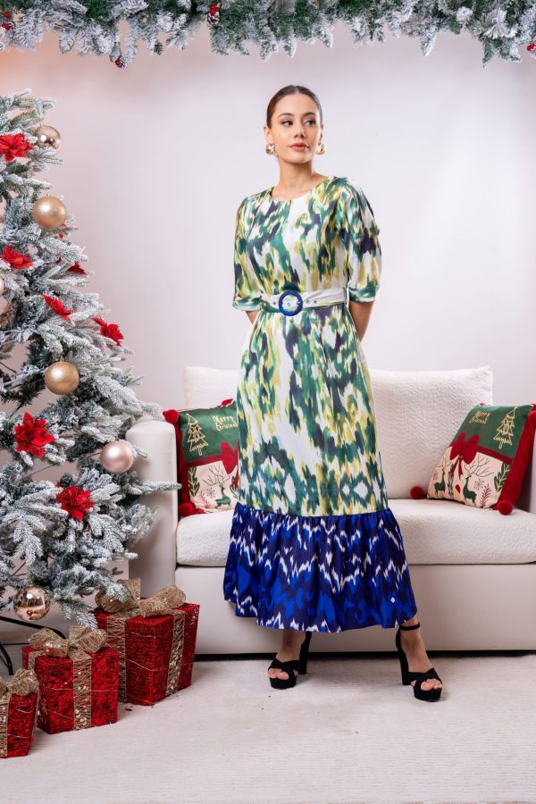 Ikat Patterned Frilled Hem Partywear Dress - Image 2