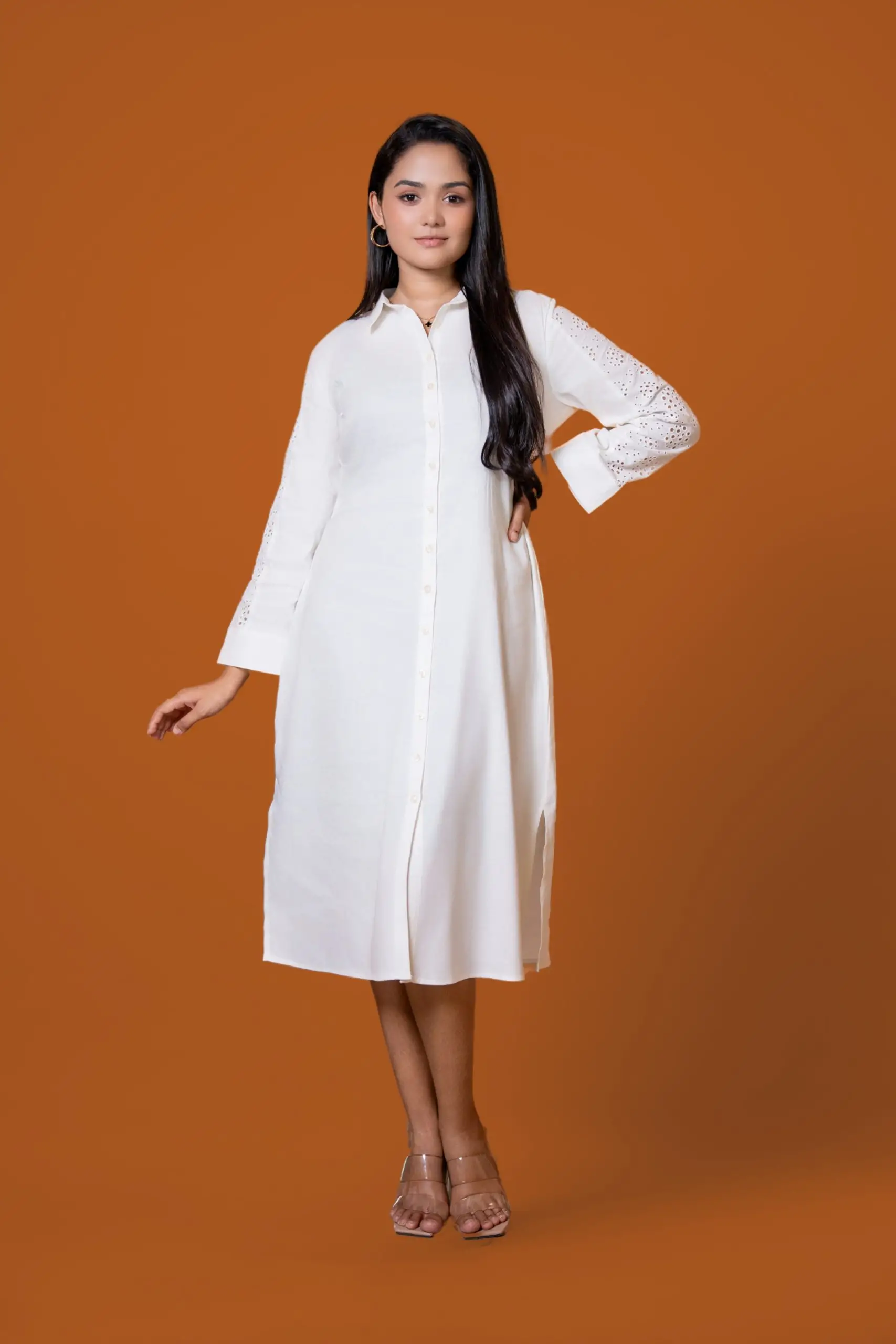 Cutlawn Sleeve Detailed Shirt Collar Midi Dress