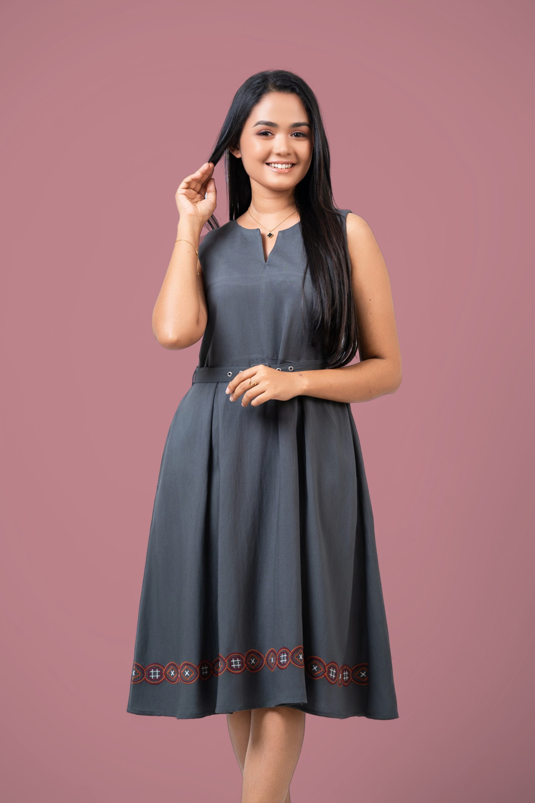 Hem Embroidered Sleeveless Short Dress