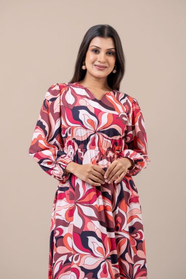 Printed Long Puff Sleeve Maxi Dress