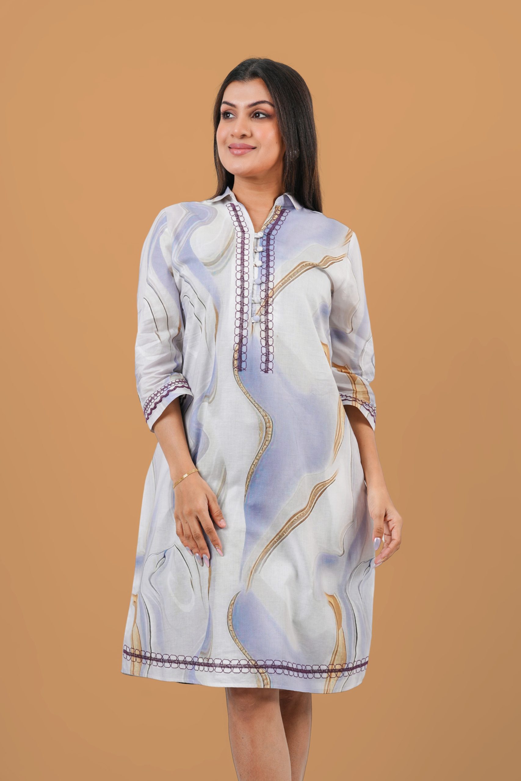 Abstract Patterned Collared Short Dress - Image 6