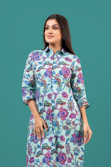 Floral Graphic Patterned Button Up Maxi Shirt Dress