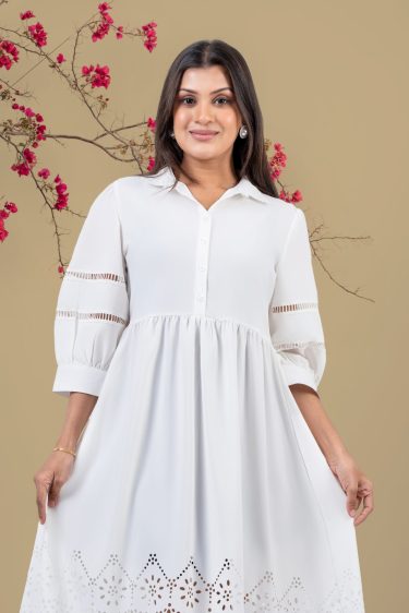 Lace Detail Laser Cut Hem Midi Dress