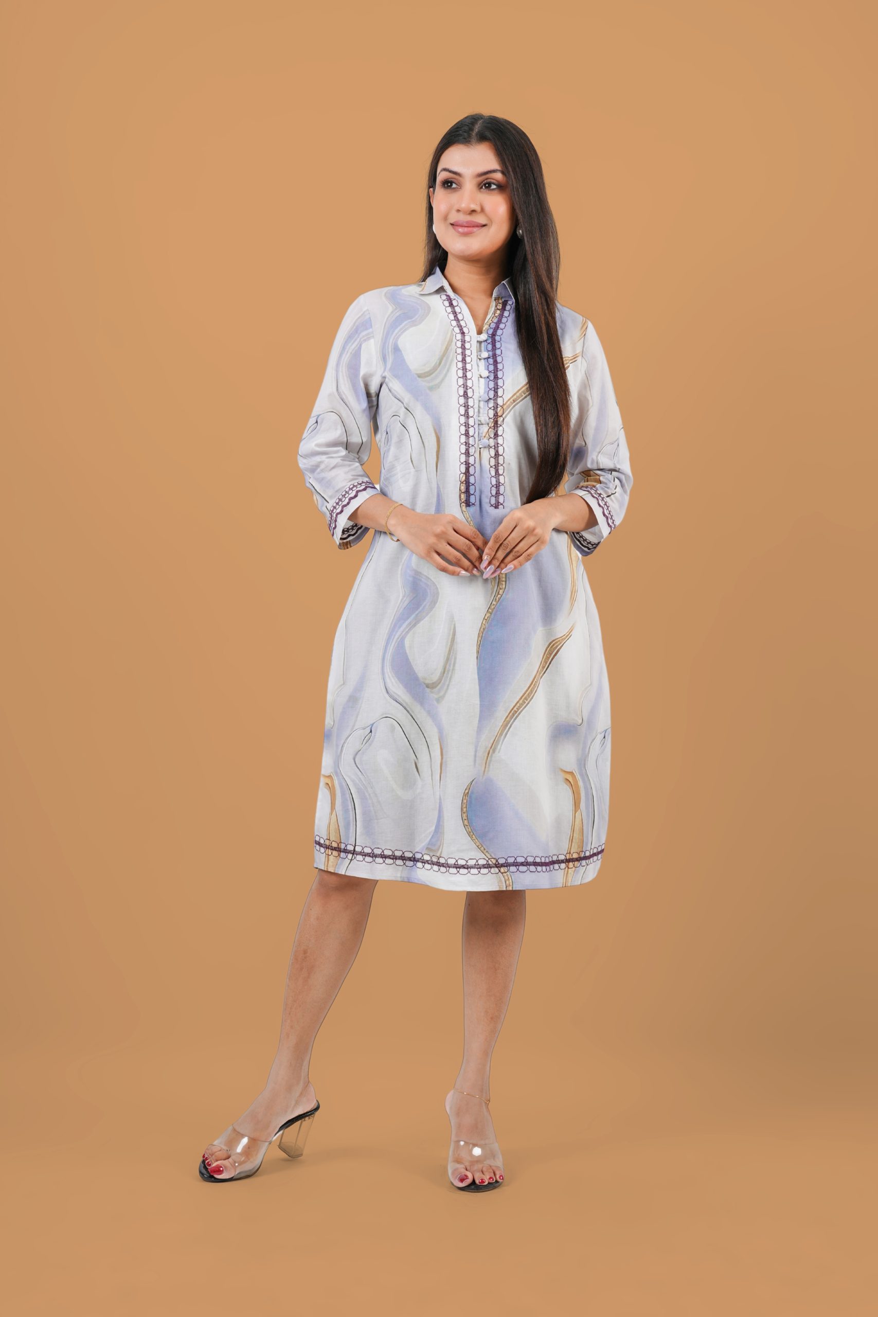 Abstract Patterned Collared Short Dress - Image 5