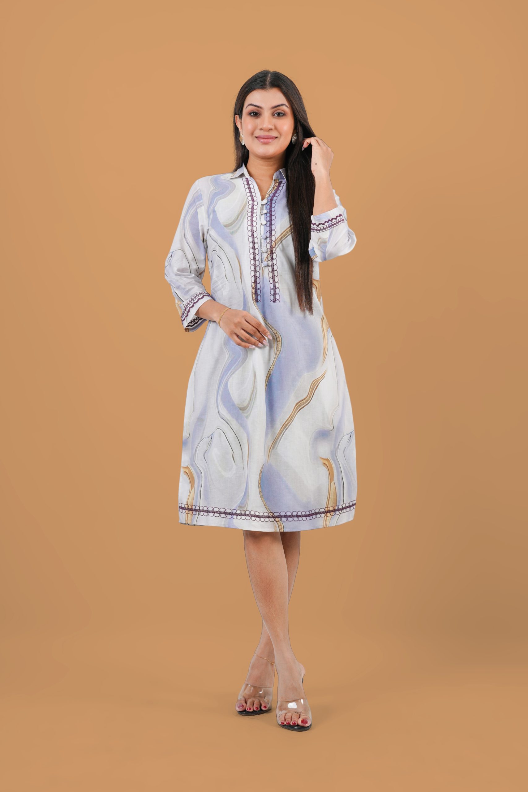 Abstract Patterned Collared Short Dress - Image 3