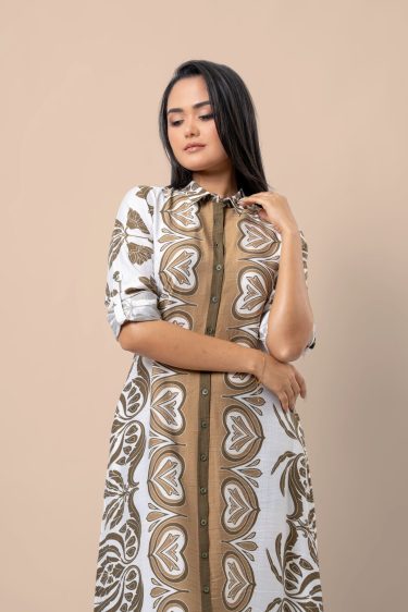 Abstract Botanical Patterned Button-Down Maxi Dress