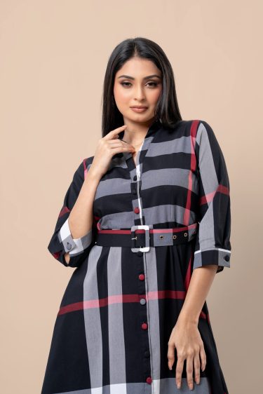 Plaid Patterned Belt Detail Short Dress