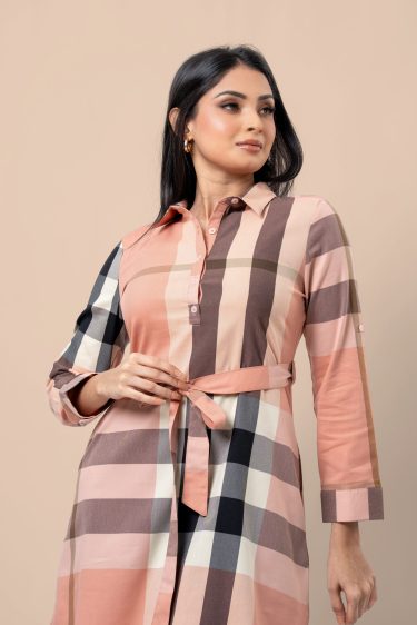 Plaid Patterned Tie-Up Detail Short Shirt Dress