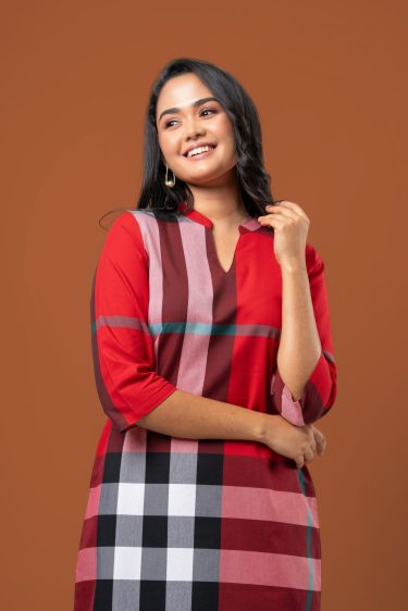 Plaid Patterned Chinese Colllared Short Dress