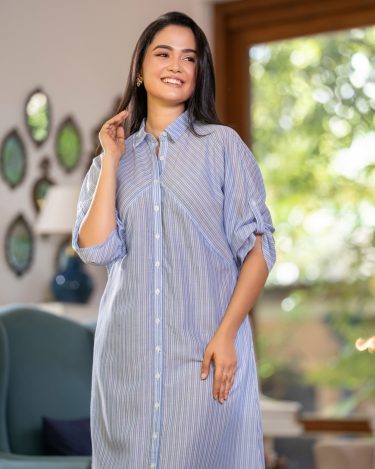 Stripe Patterned Tab detail Midi Shirt Dress