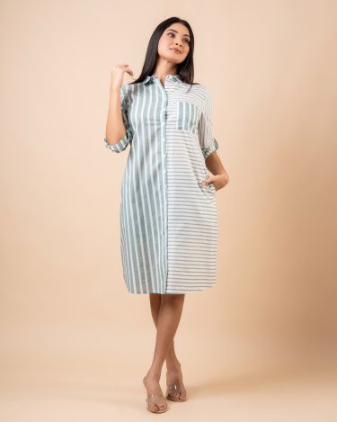 Patch Pocket Detail Striped Short Shirt Dress