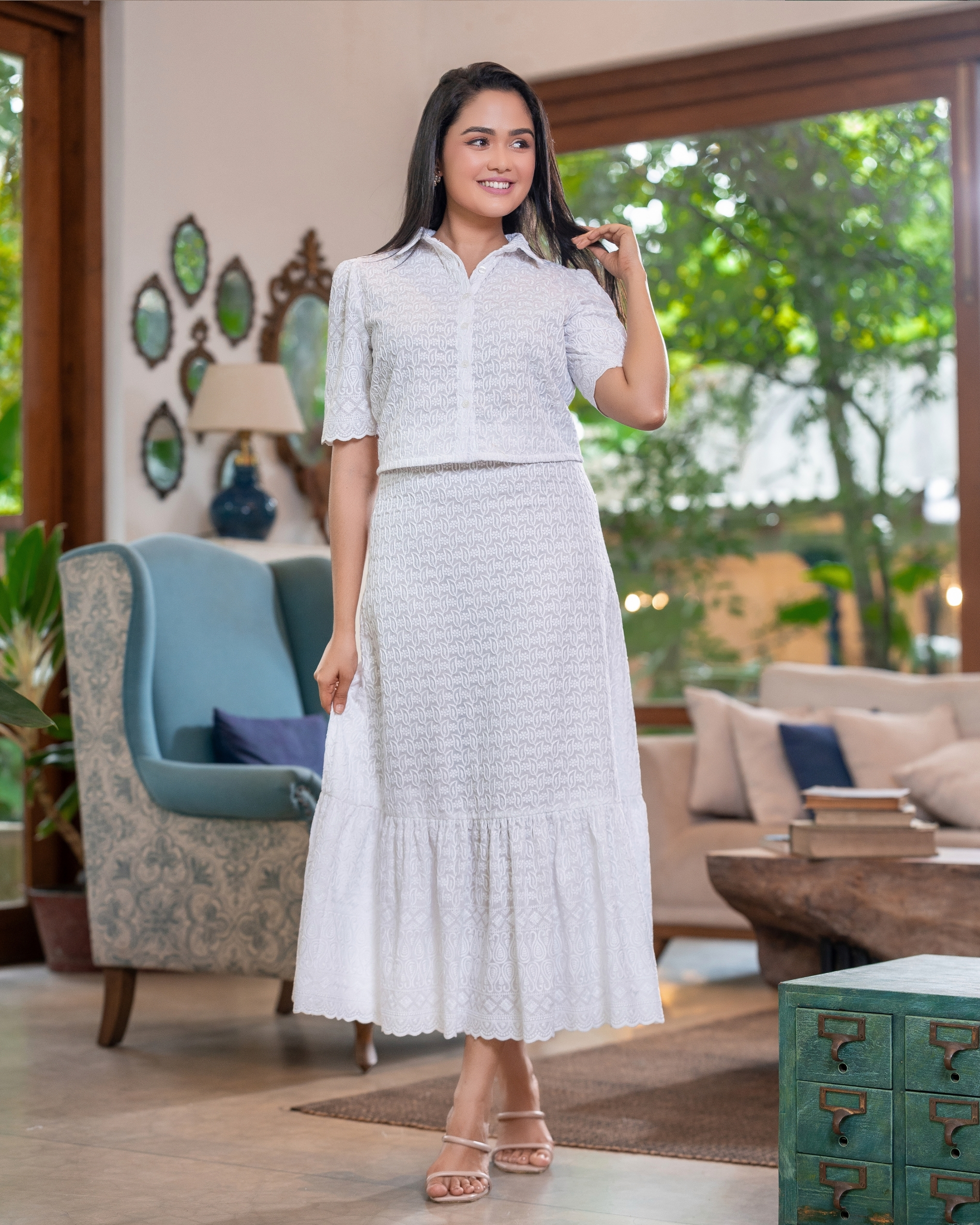 Cropped Shirt Blouse and Scallop Hem Tiered Skirt Set - Image 3