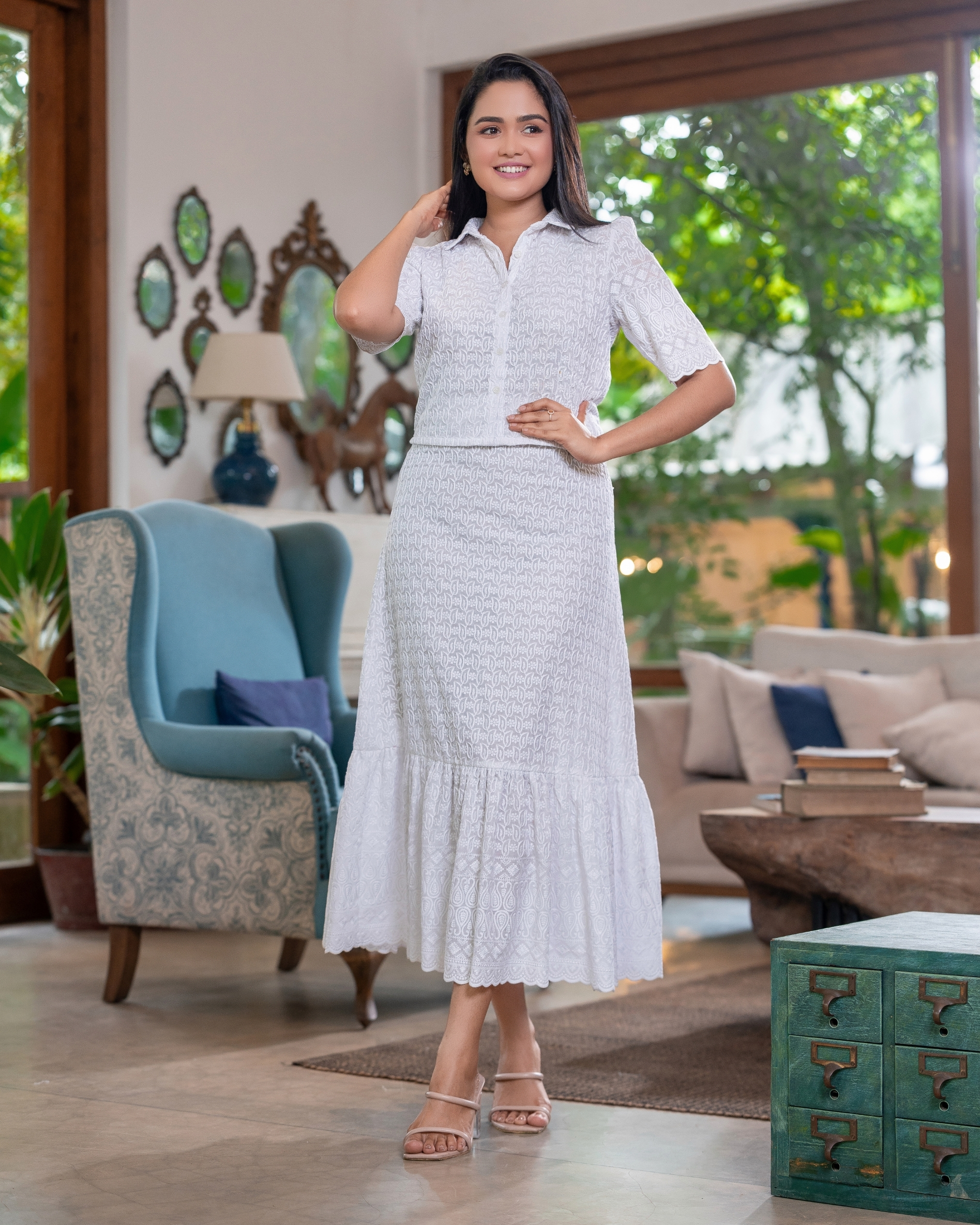 Cropped Shirt Blouse and Scallop Hem Tiered Skirt Set - Image 2