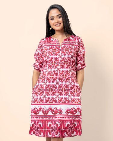Abstract Patterned Puff Sleeve Short Dress
