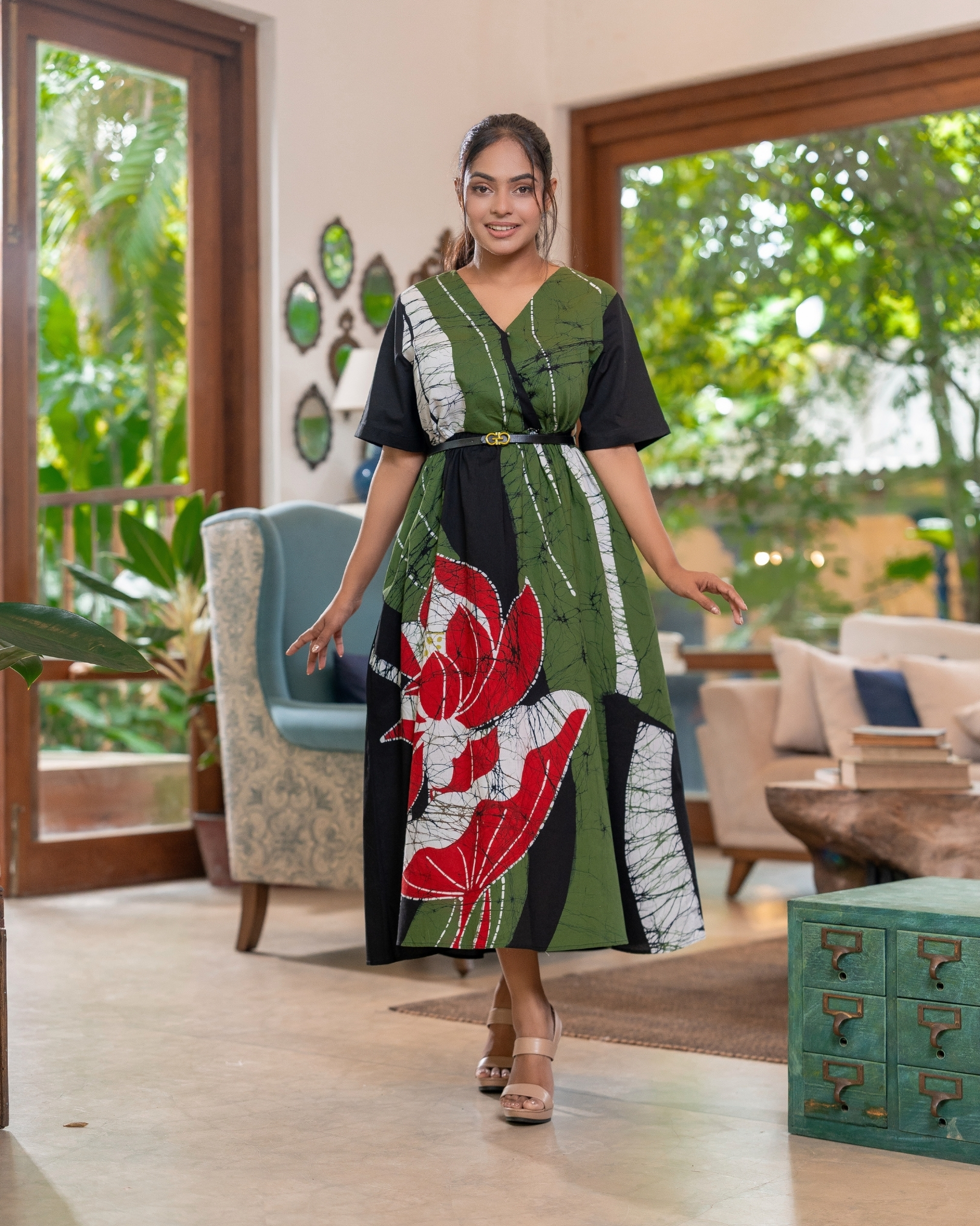 Front Crossover Detail Batik Midi Dress