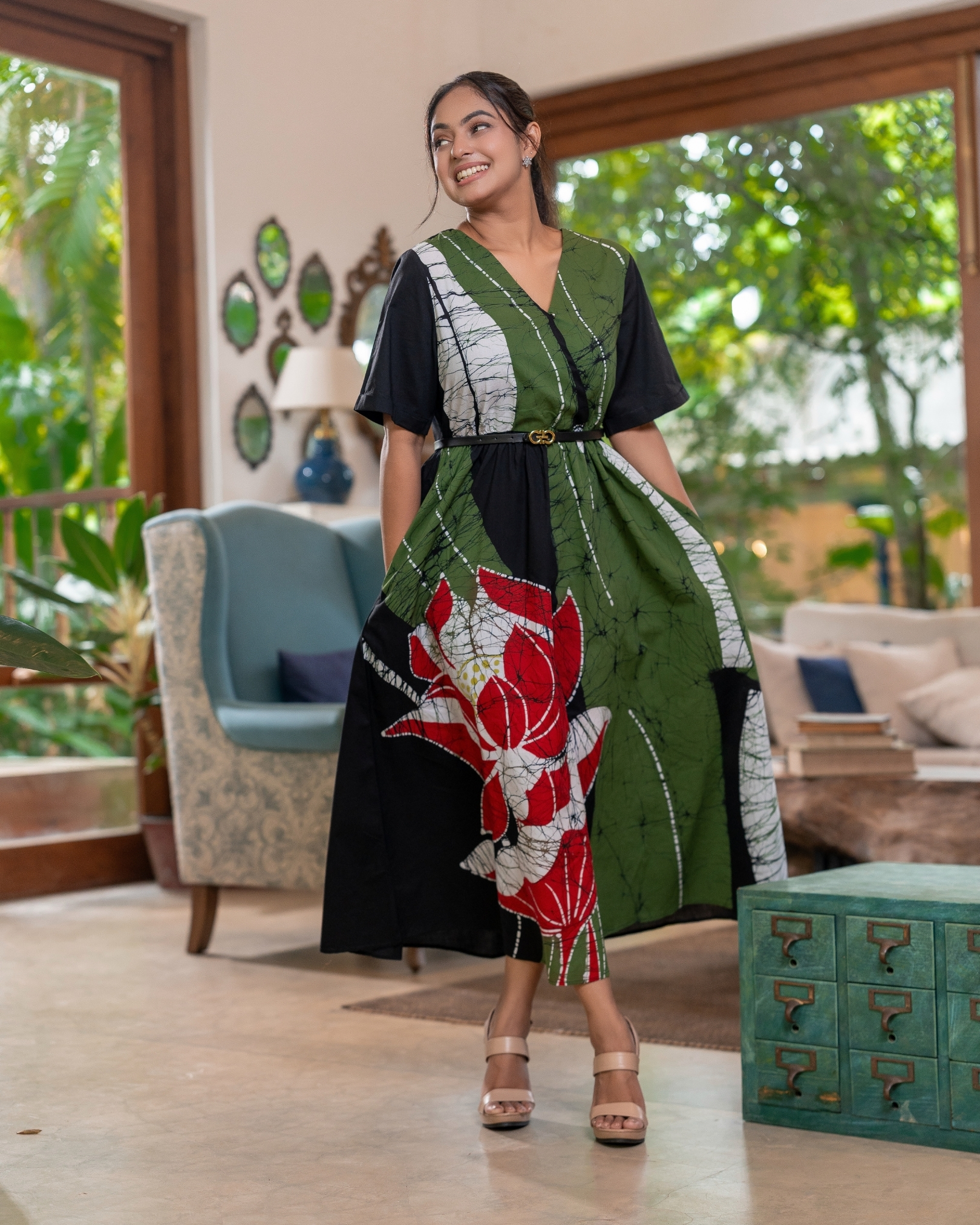 Front Crossover Detail Batik Midi Dress - Image 3