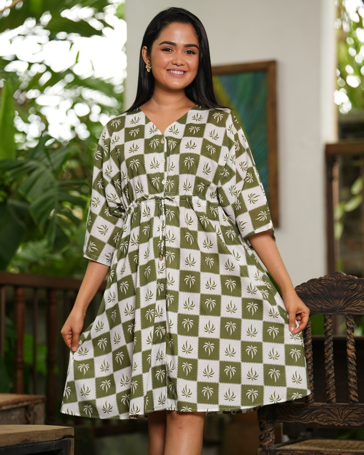 Button-Down Front Gathered Tie-Up Short Dress - Image 2