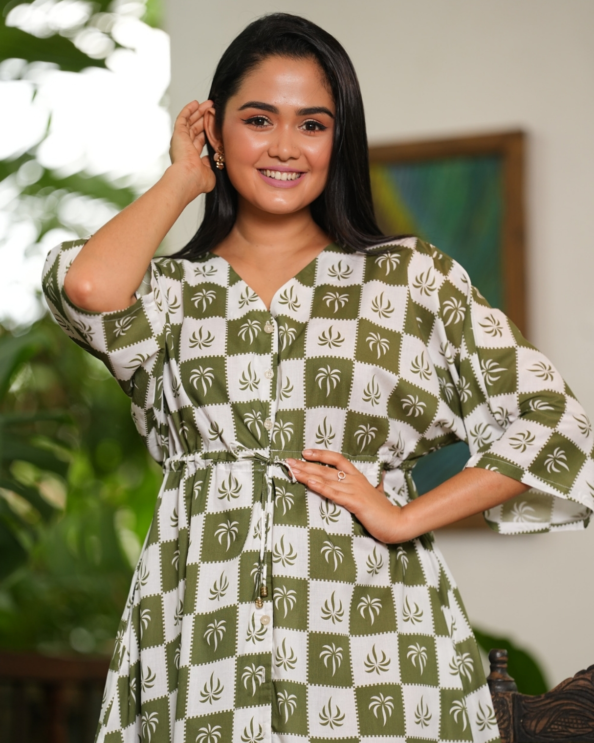 Button-Down Front Gathered Tie-Up Short Dress