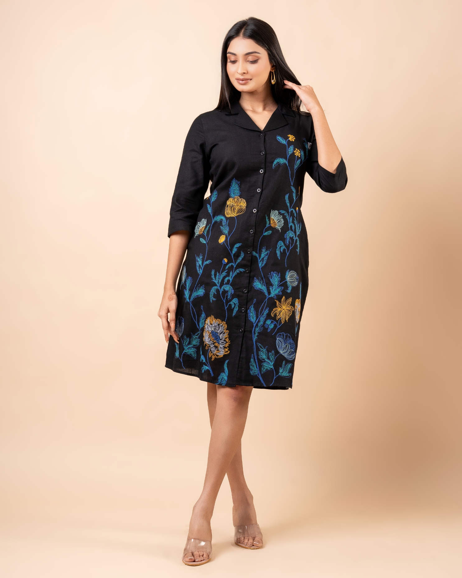 Floral Embroidery Detail Short Shirt Dress - Image 4