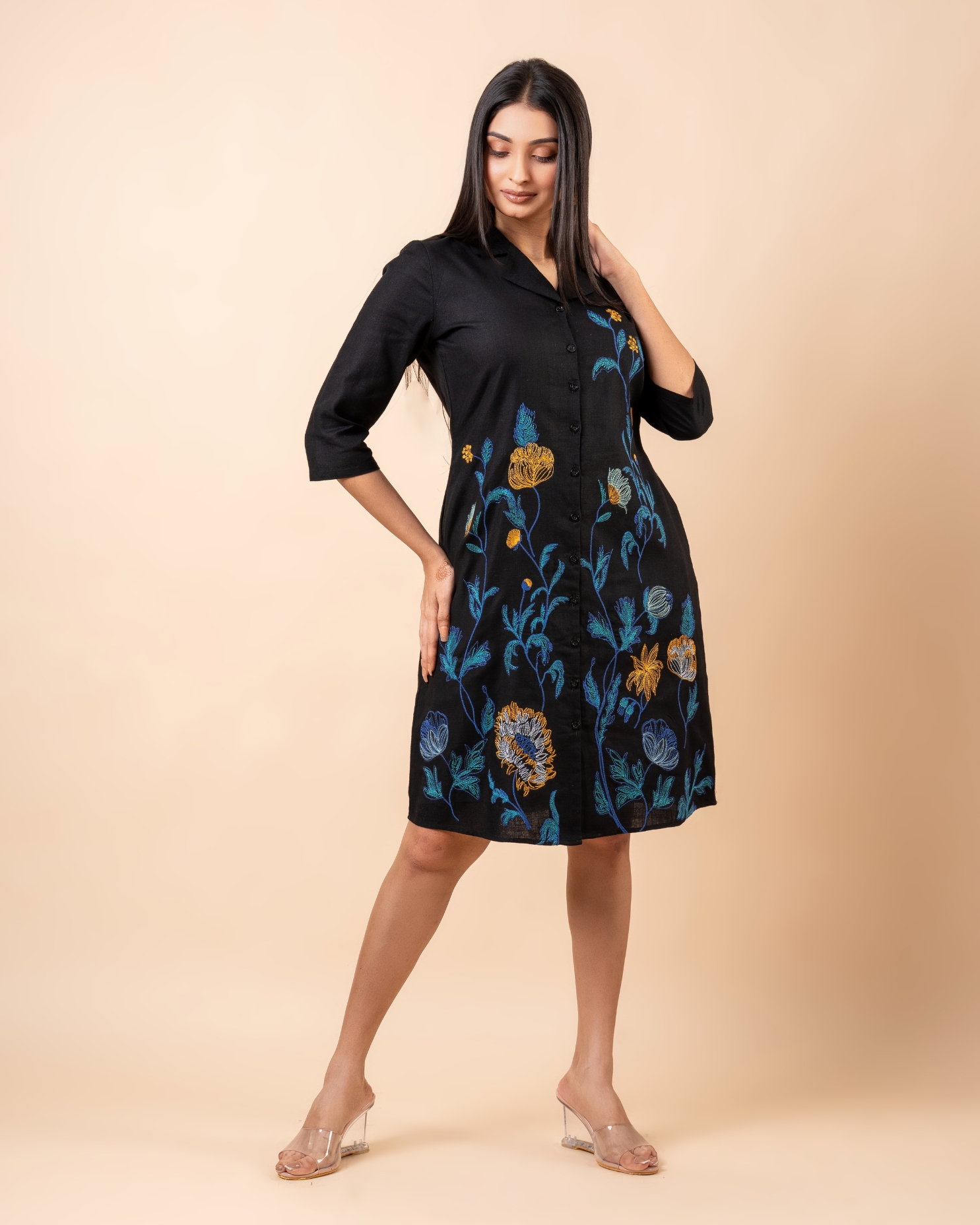 Floral Embroidery Detail Short Shirt Dress - Image 3