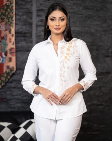 Embroidery Detail Shirt Blouse and Pant Set