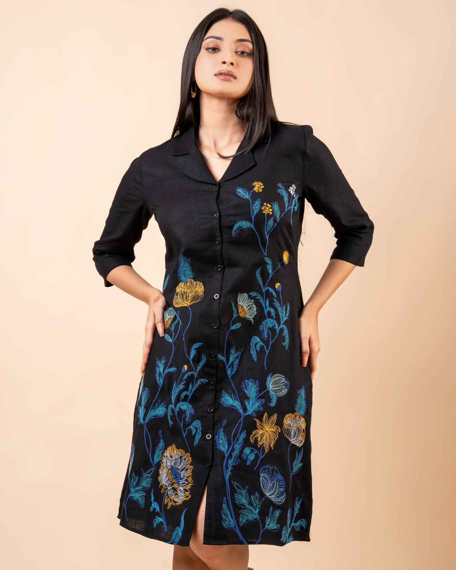 Floral Embroidery Detail Short Shirt Dress