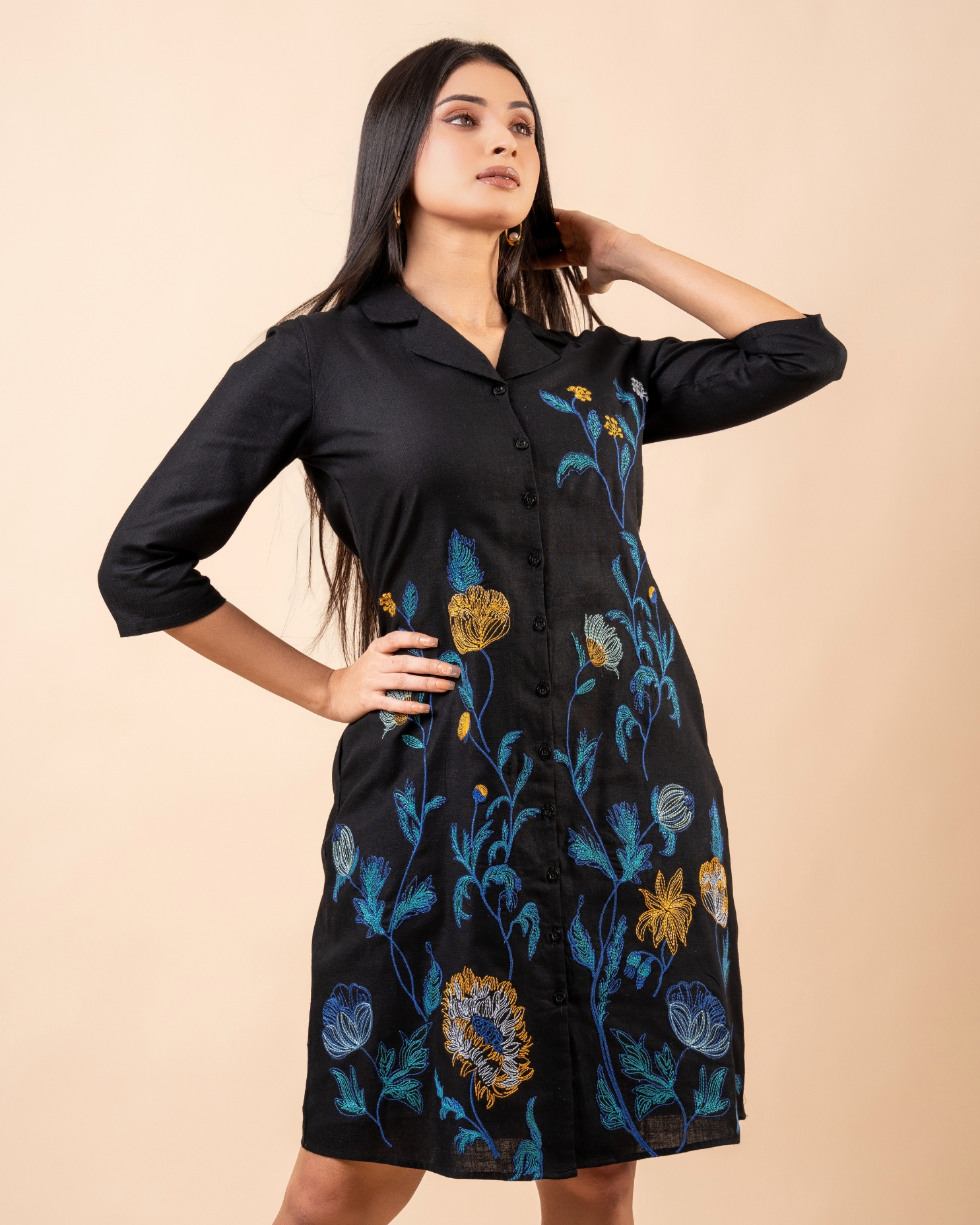 Floral Embroidery Detail Short Shirt Dress - Image 5