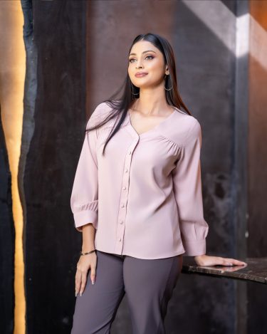 V-Neck Front Yoke Gathered Button-down Top