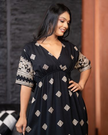 Metallic Embroidered Empire Waist Detail Maxi Dress