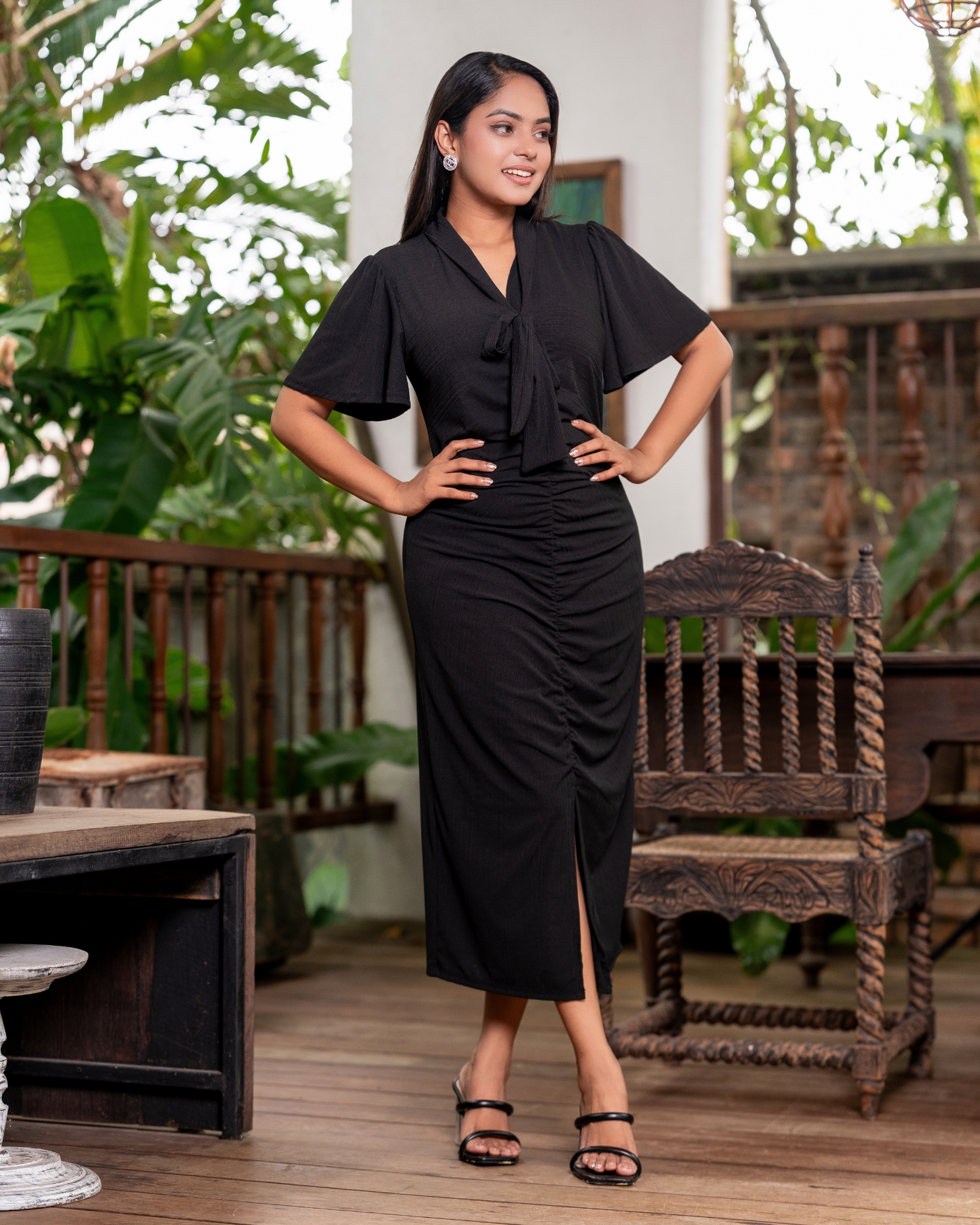 Front Ruched Flared Sleeve Maxi Dress - Image 4