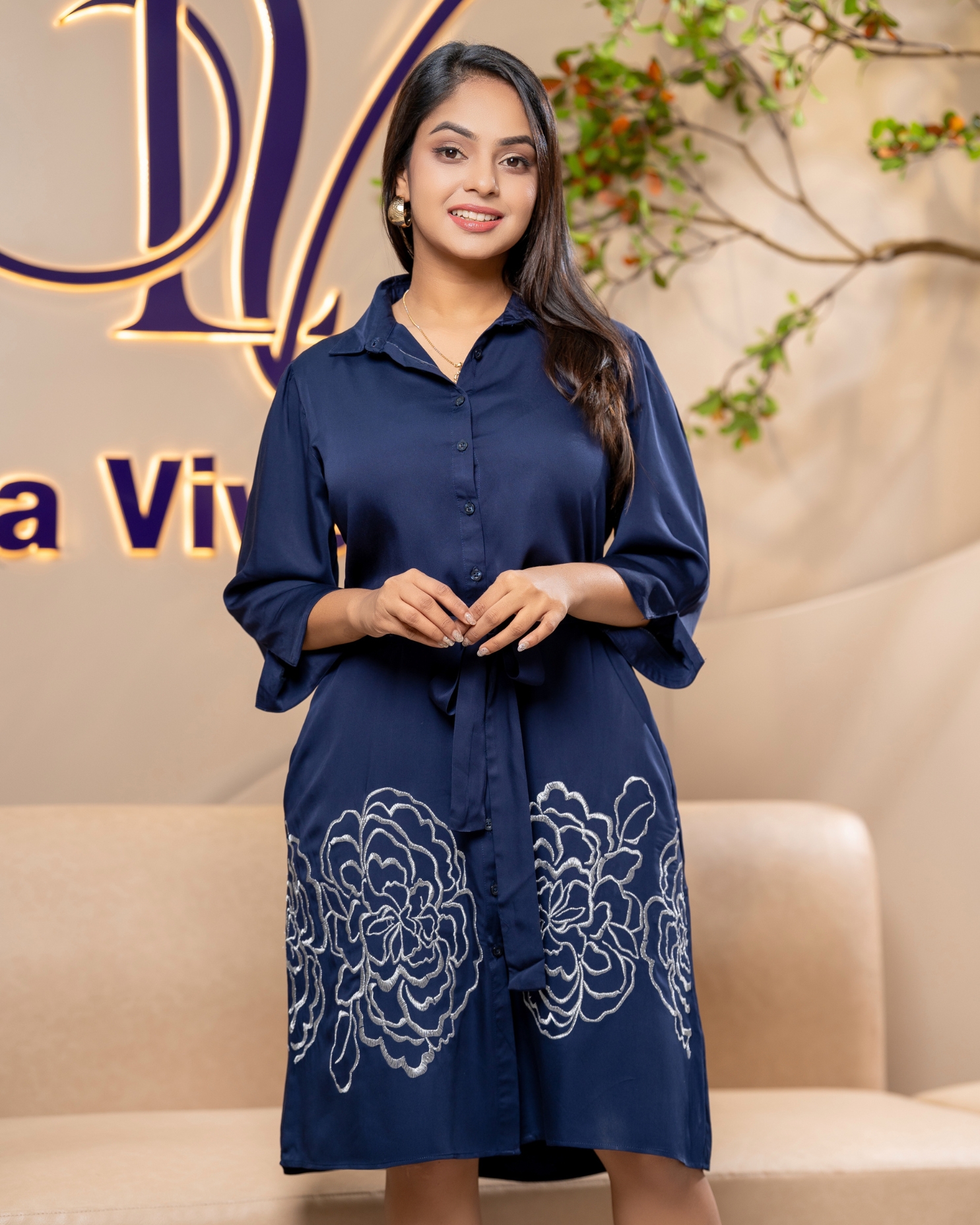 Metalic Floral Embroidery Detail Short Shirt dress