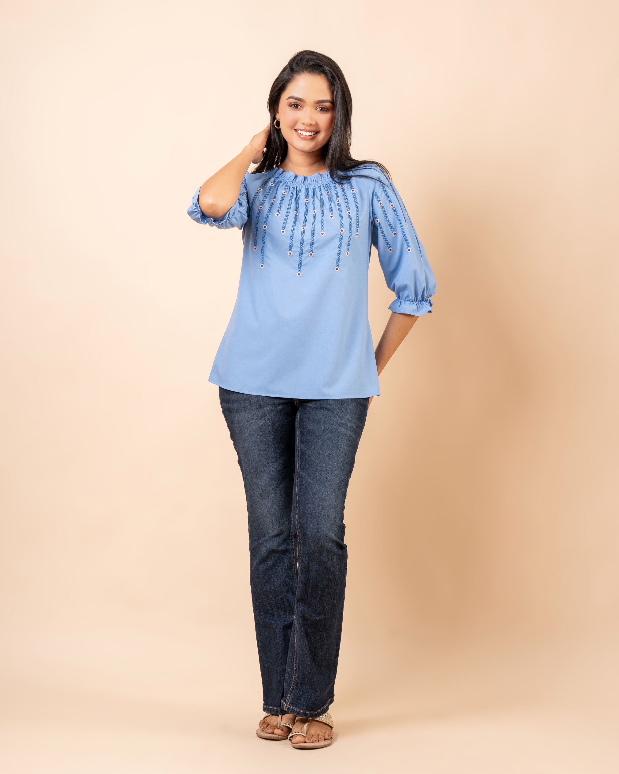 Embroidery Frilled Neck Puff Sleeve Top - Image 5