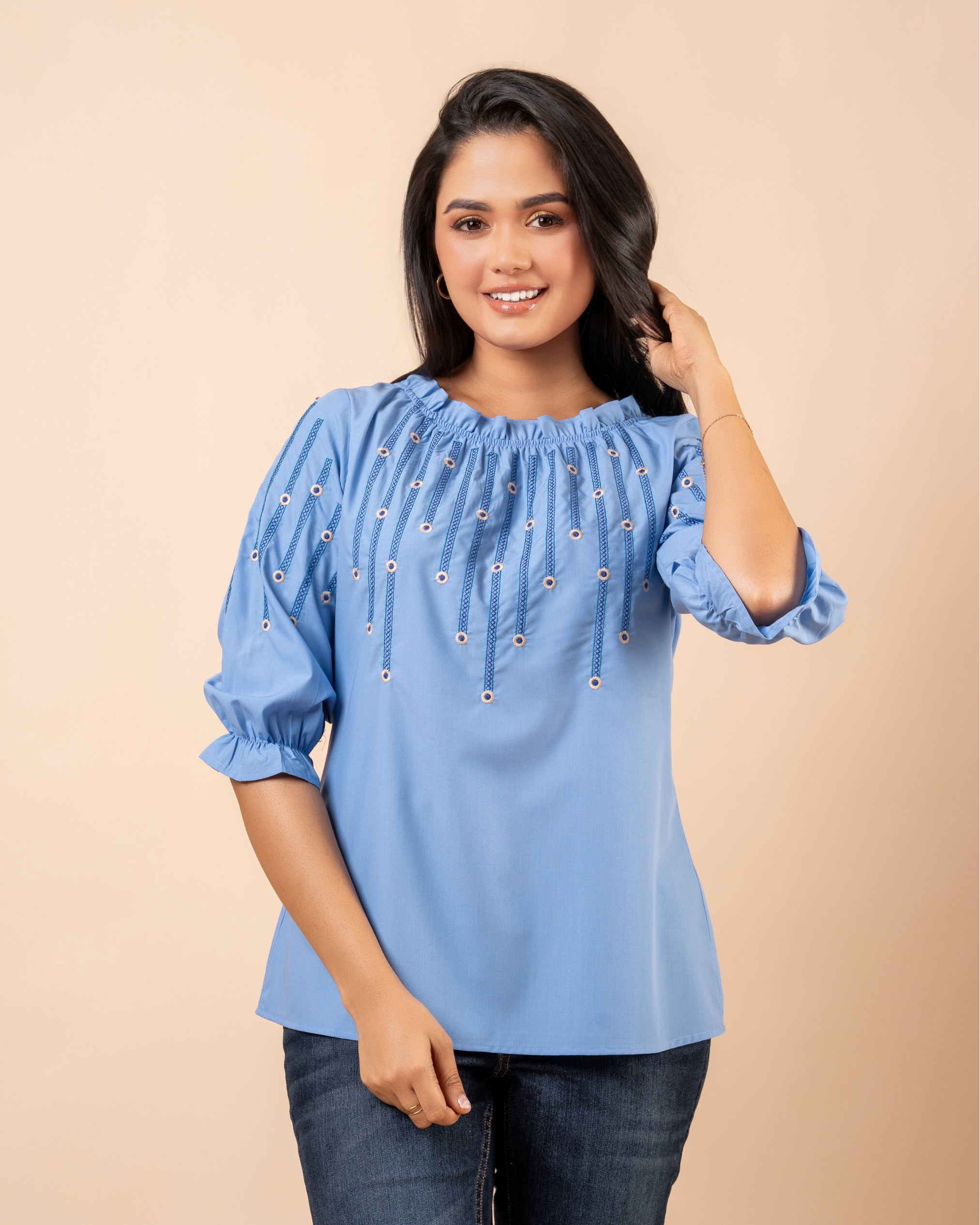 Embroidery Frilled Neck Puff Sleeve Top