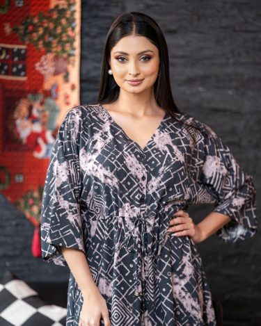 Button-Down Front Gathered Tie-Up Short Dress