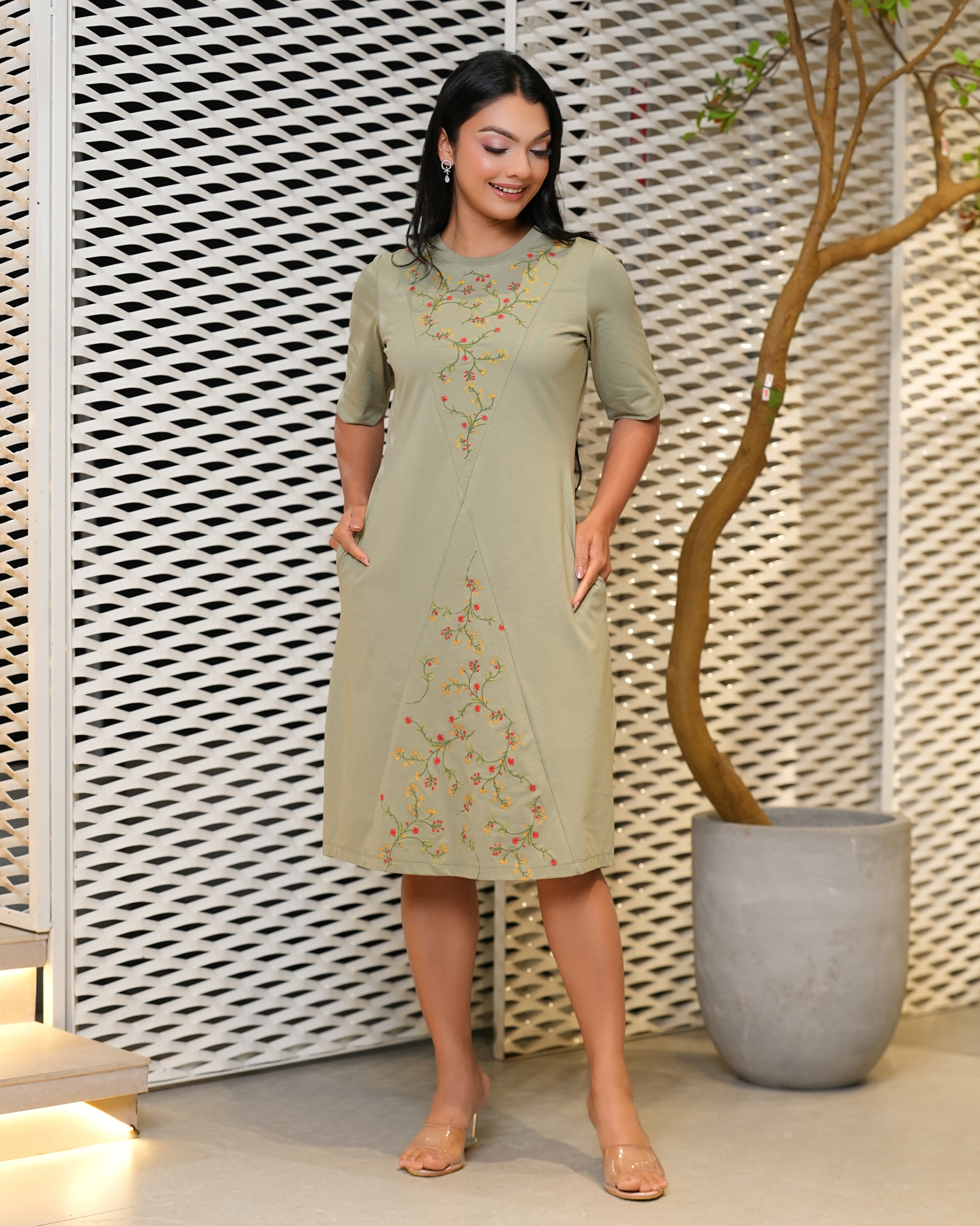 Floral Embroidery Detail Short T-Shirt Dress - Image 5