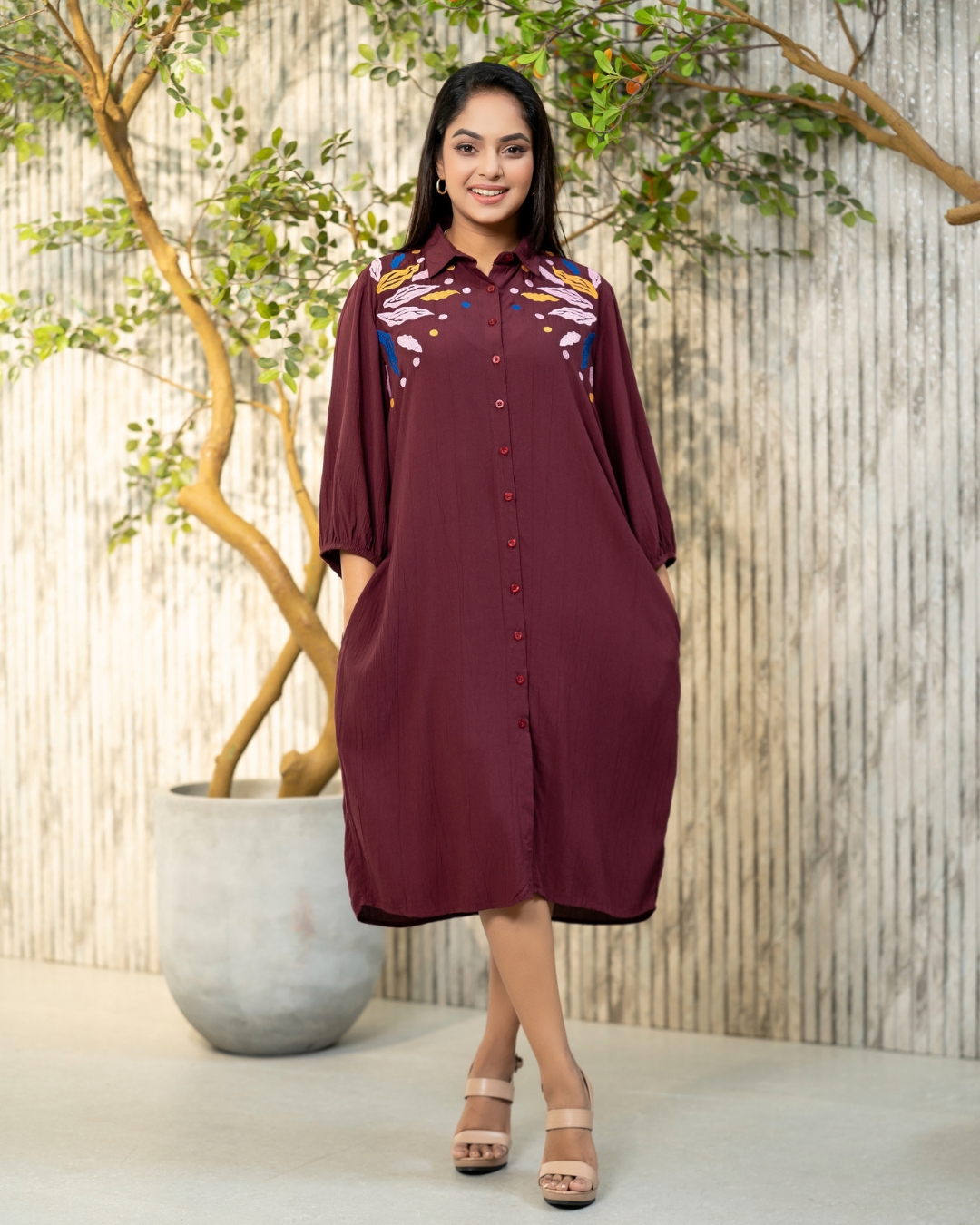 Embroidery Detail Short Shirt Dress - Image 4