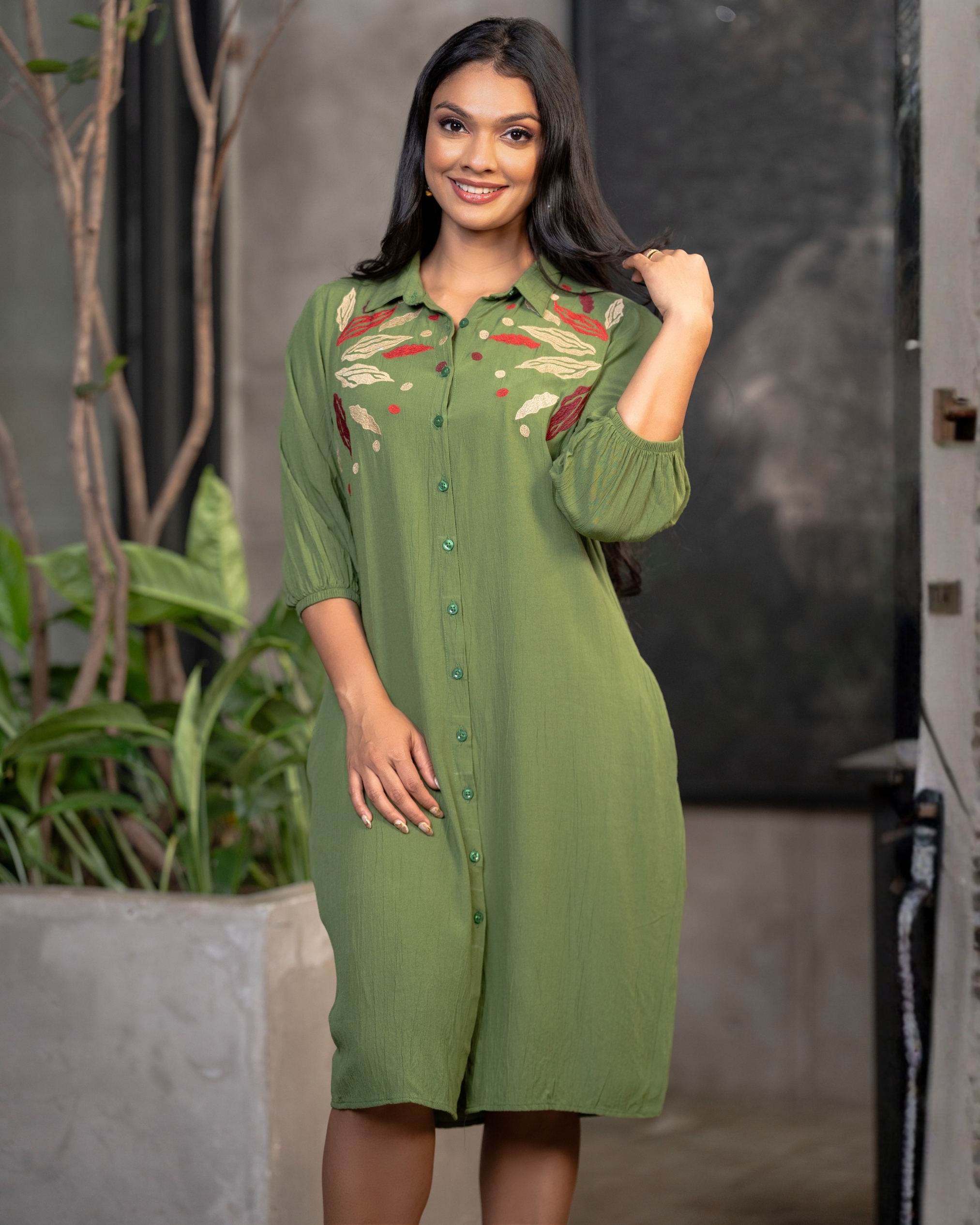 Embroidery Detail Short Shirt Dress - Image 2