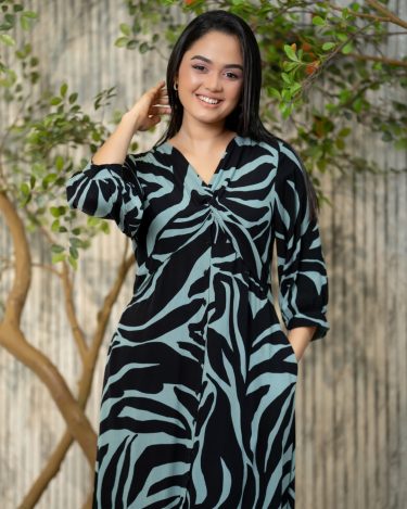 Pinted Twisted Detail Button-Down Midi Dress