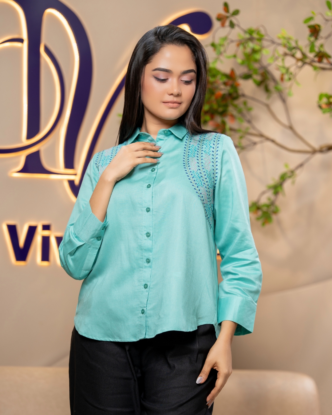 Floral Embroidery Detail Shirt Blouse - Image 2
