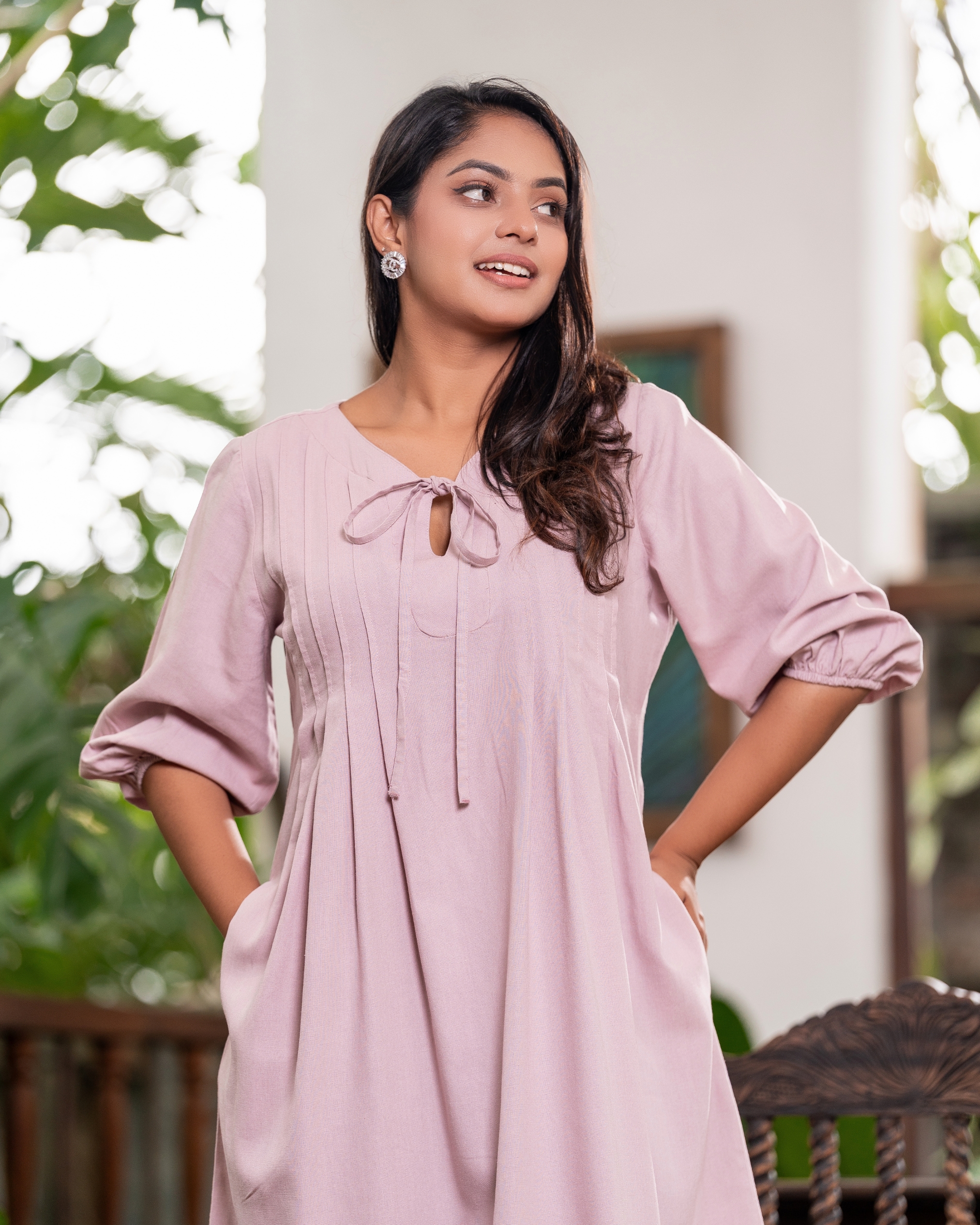 Front Tie-Up Detail Pintuck Short Dress - Image 2