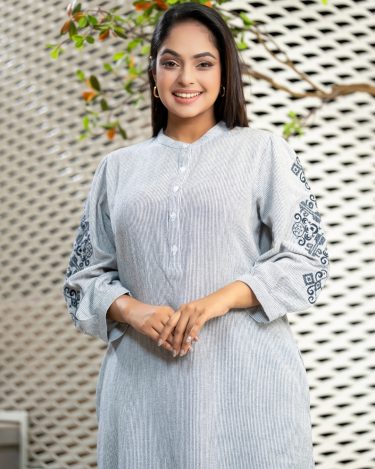 Sleeve Embroidered Striped Short Dress