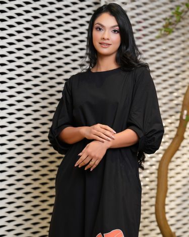 Leaf Applique Detail Puff Sleeve Maxi Dress