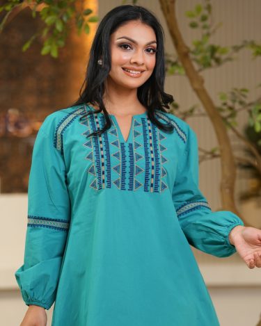 Geometric Embroidered Puff Sleeve Short Dress