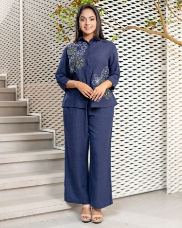 Embroidery Detail Shirt Blouse and Pants Set