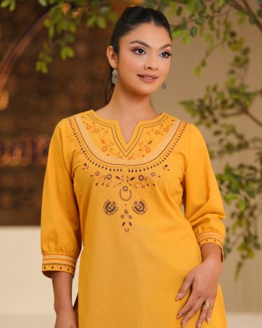 Embroidered Notch Neck Kurta Top