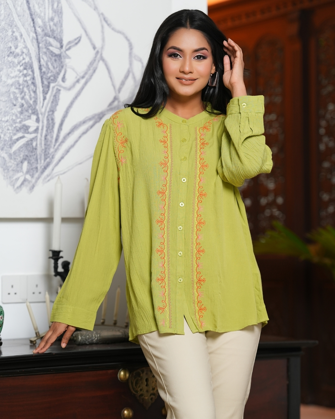 Gathered Long Sleeve Chinese Collar Embroidery Top - Image 3