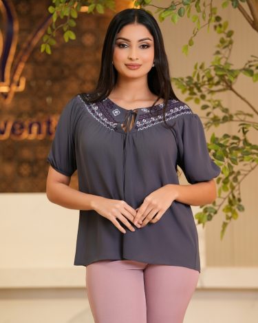 Yoke Embroidered Neck Tie-Up Puff Sleeved Top