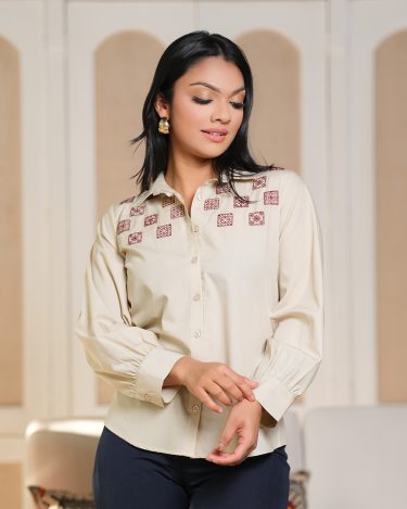 Grid Blossom Embroidery Detail Shirt Blouse